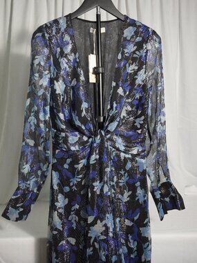 Ramy Brook Willow Dress Women’s Size 4 Blue Floral Metallic Tie Front Long Sleev